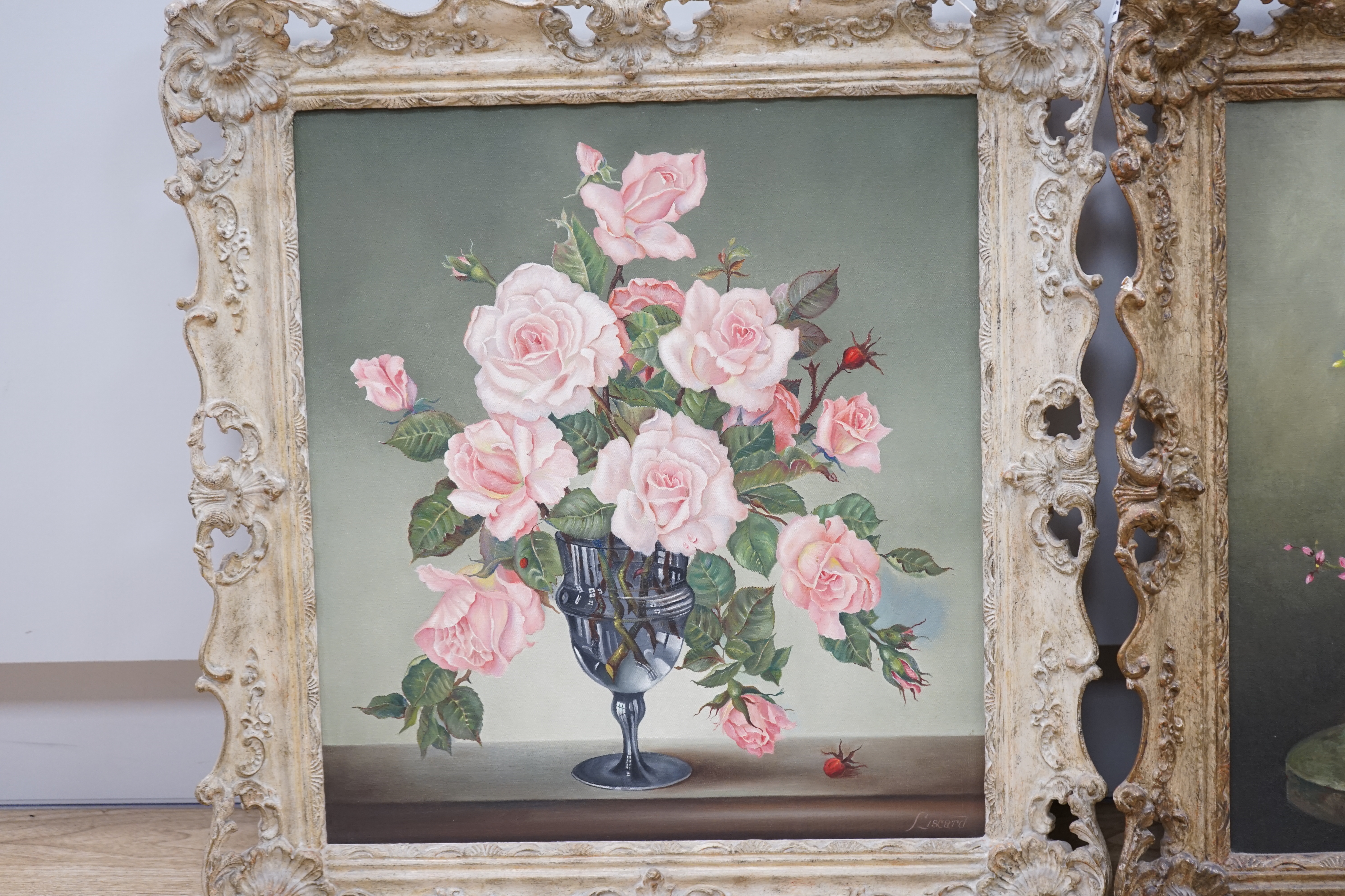 Eustace Liscard (20th. C), two oils on canvas, Still lifes of flowers comprising ‘Lovely is the rose’ and one other, each signed, largest 49 x 59cm. Condition - good, some losses to the frames